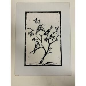 Vintage mid century linoleum block print art birds nature